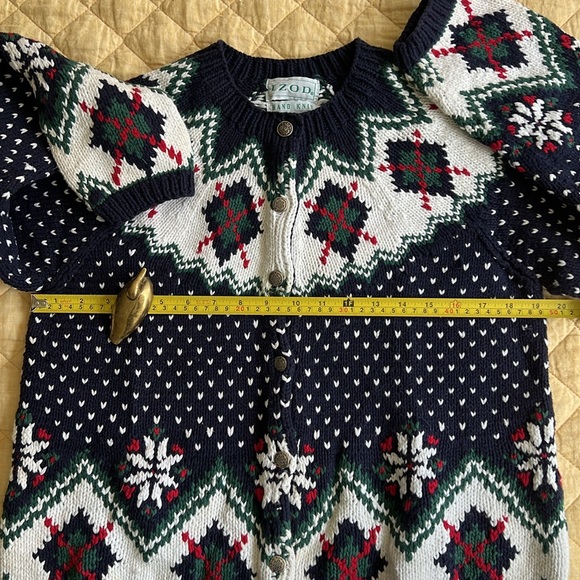 Vintage IZOD Hand Knit Fair Isle Silver Button 100% Cotton Cardigan Sweater - Picture 7 of 9